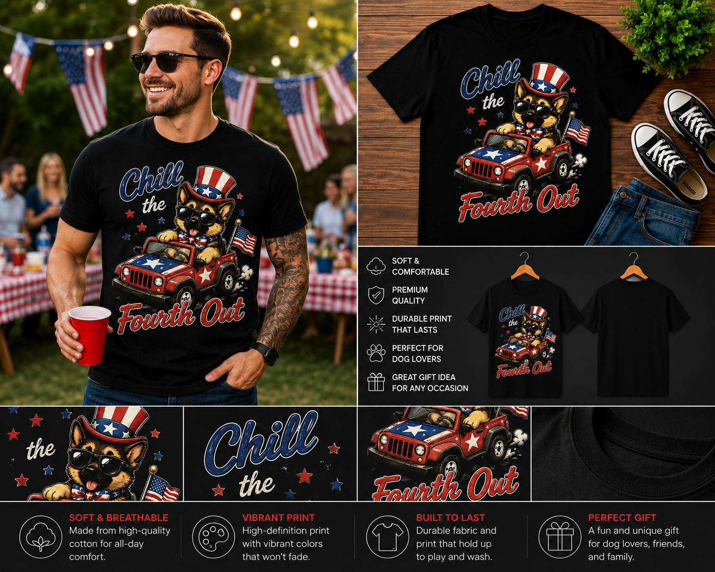 Chill The Fourth Out German Shepherd T-Shirt – Funny Patriotic Puppy Driving Jeep Shirt | 4th of July Dog Lover Tee