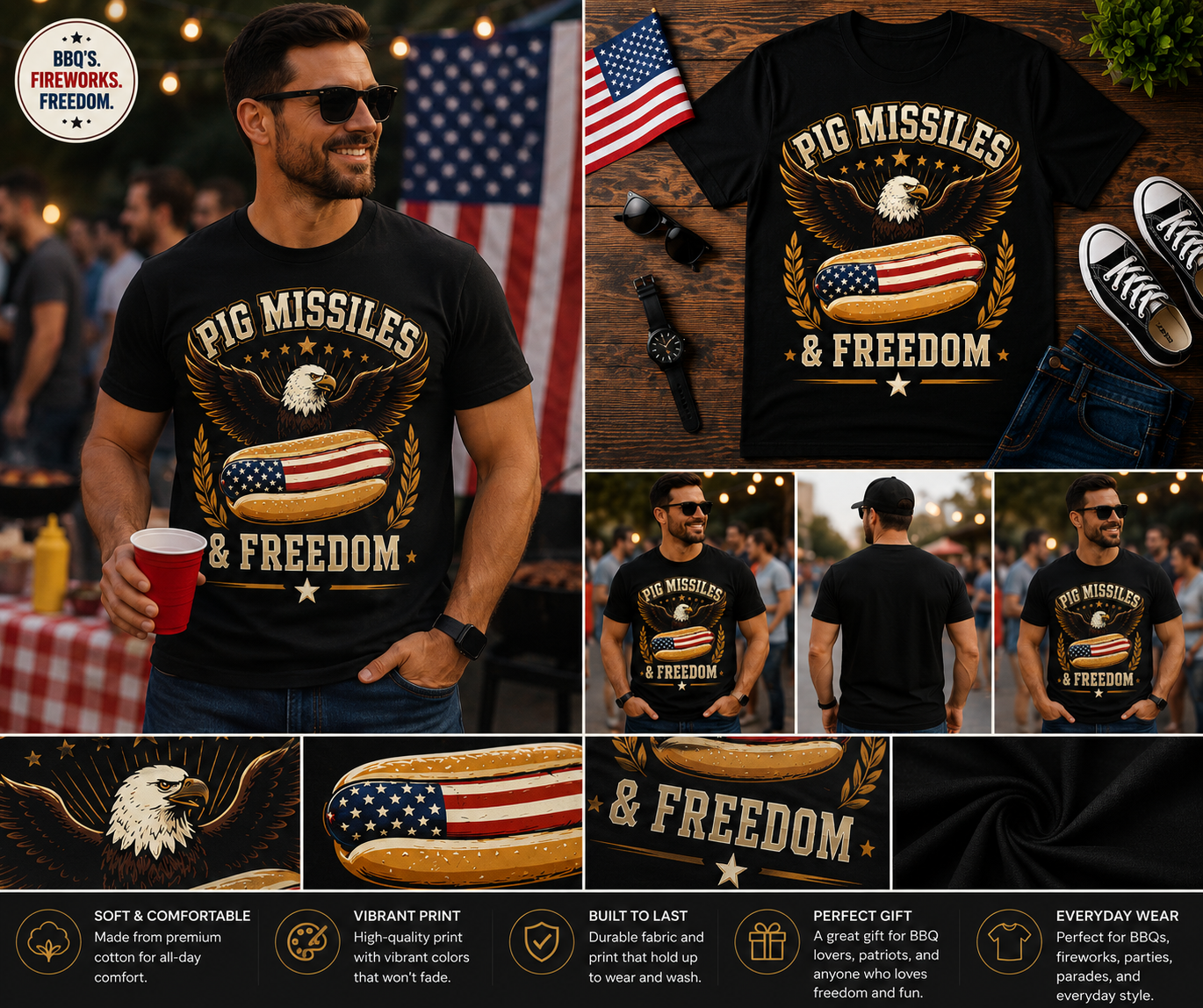 Pig Missiles & Freedom Patriotic Hot Dog Eagle T-Shirt | Funny 4th of July American Graphic Tee