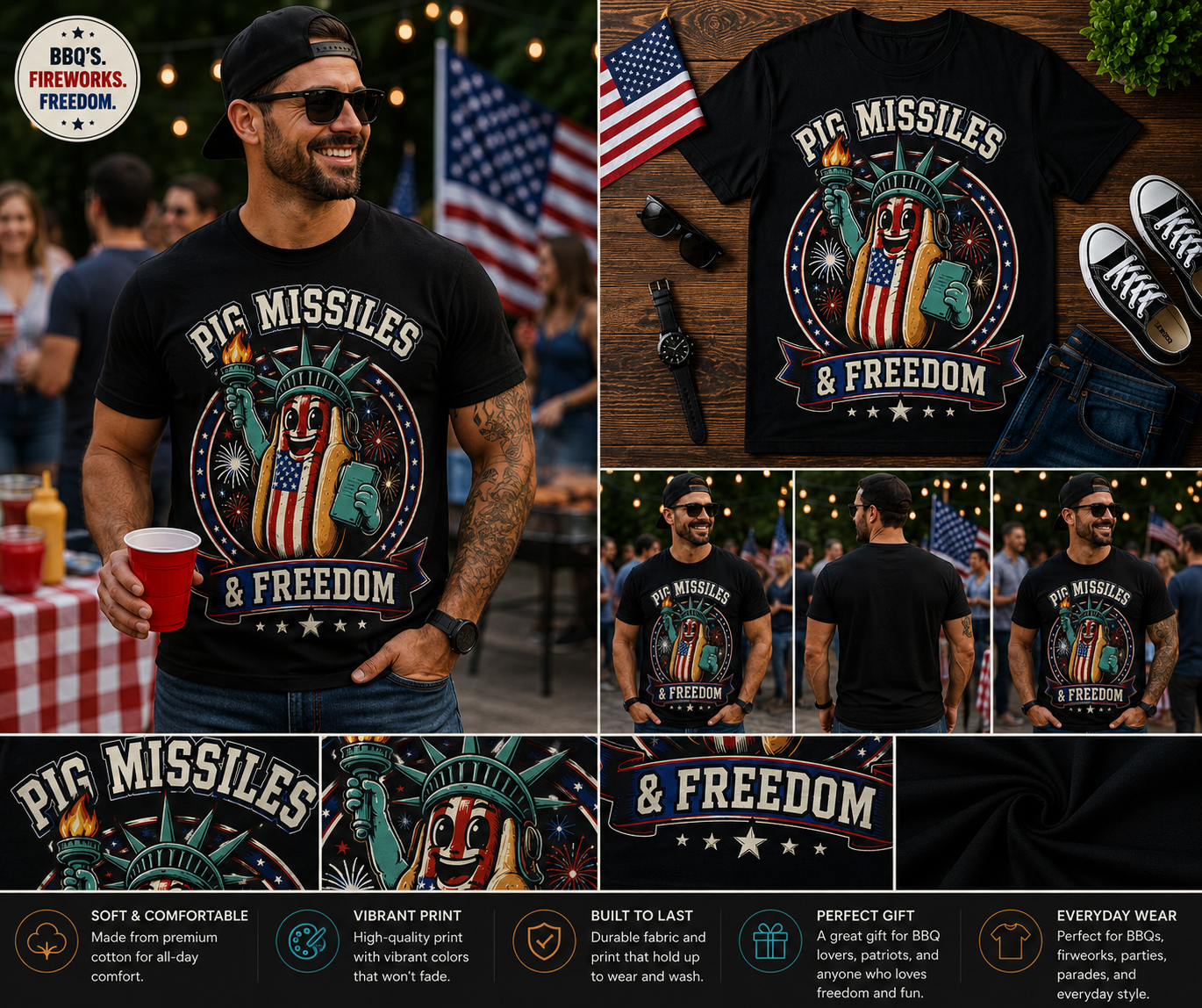 Pig Missiles & Freedom Statue of Liberty Hot Dog T-Shirt – Funny Patriotic 4th of July Tee