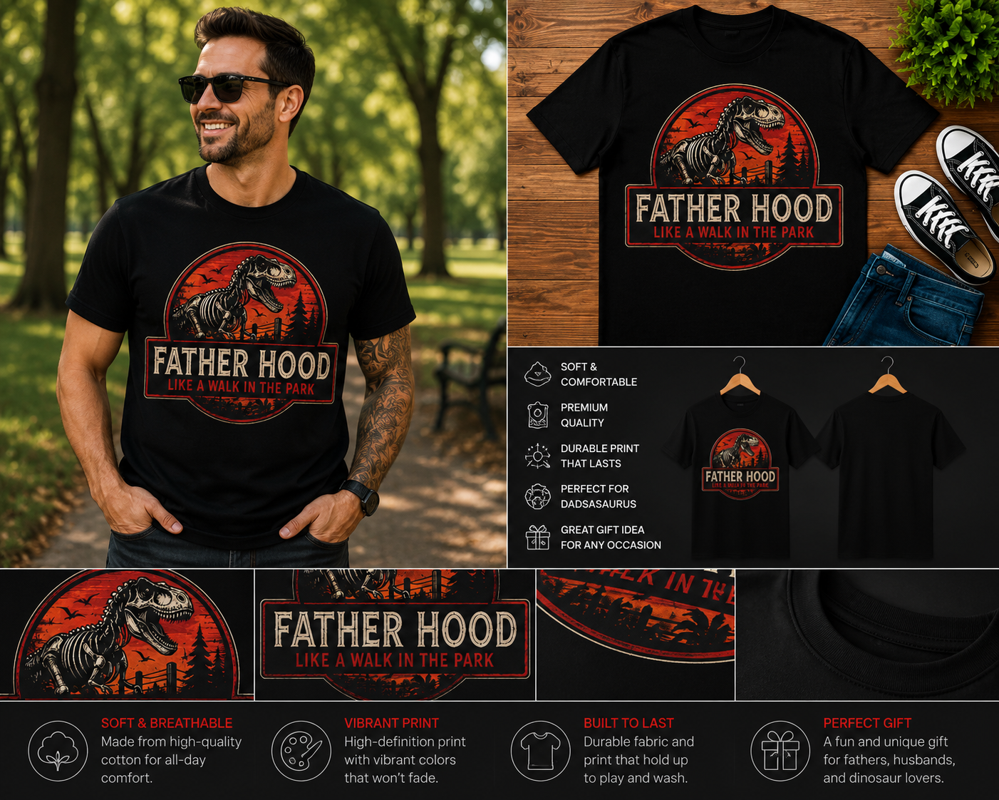 Fatherhood Like a Walk in the Park Funny Dinosaur Dad T-Shirt – Retro T-Rex Father’s Day Graphic Tee