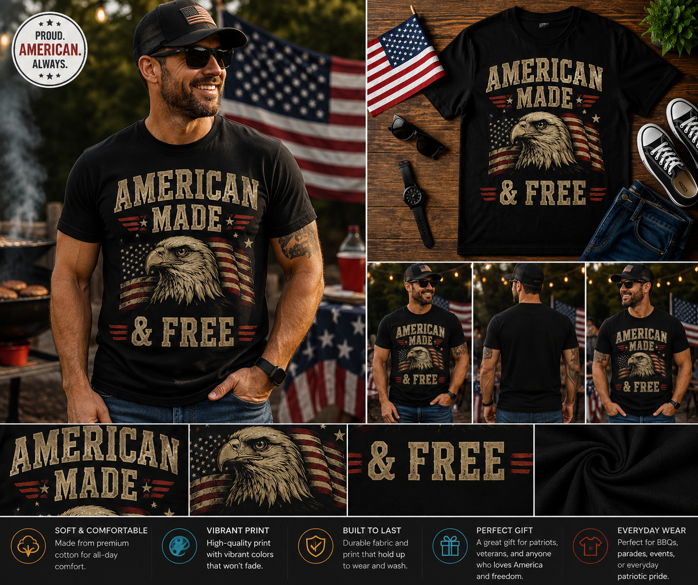American Made & Free Bald Eagle Patriotic T-Shirt – Vintage USA Flag Independence Day Graphic Tee