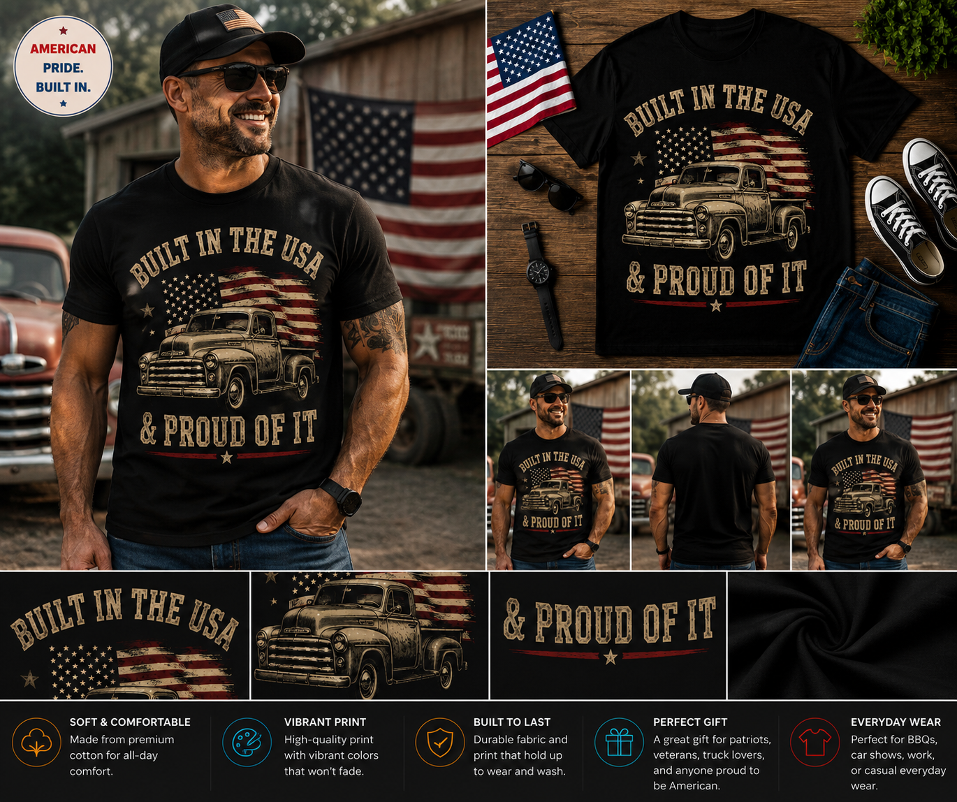 Built in the USA & Proud of It Vintage Truck T-Shirt – Patriotic American Flag Graphic Tee