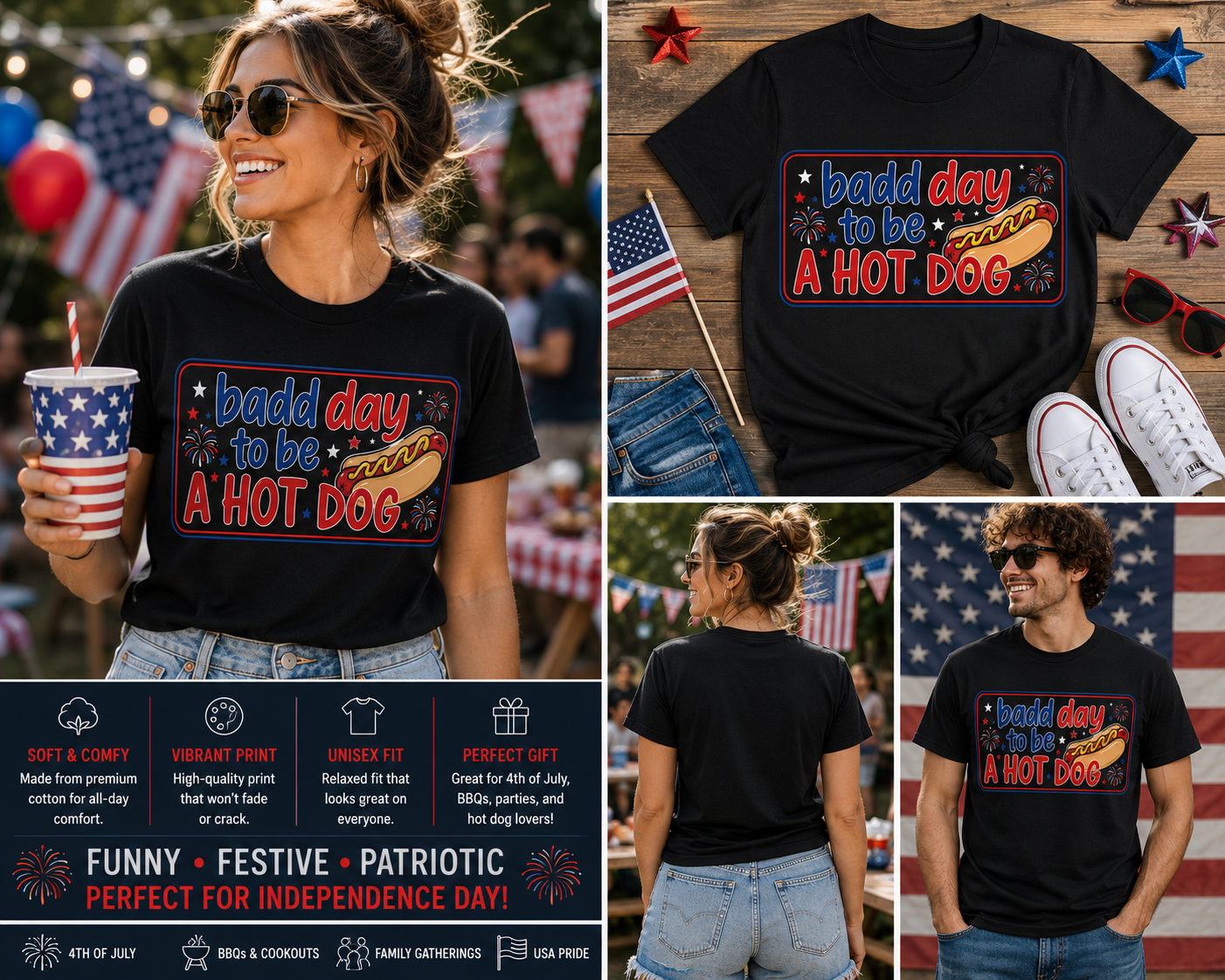 Funny 4th of July Hot Dog Shirt – “Bad Day To Be A Hot Dog” Patriotic BBQ Graphic Tee for Women & Men
