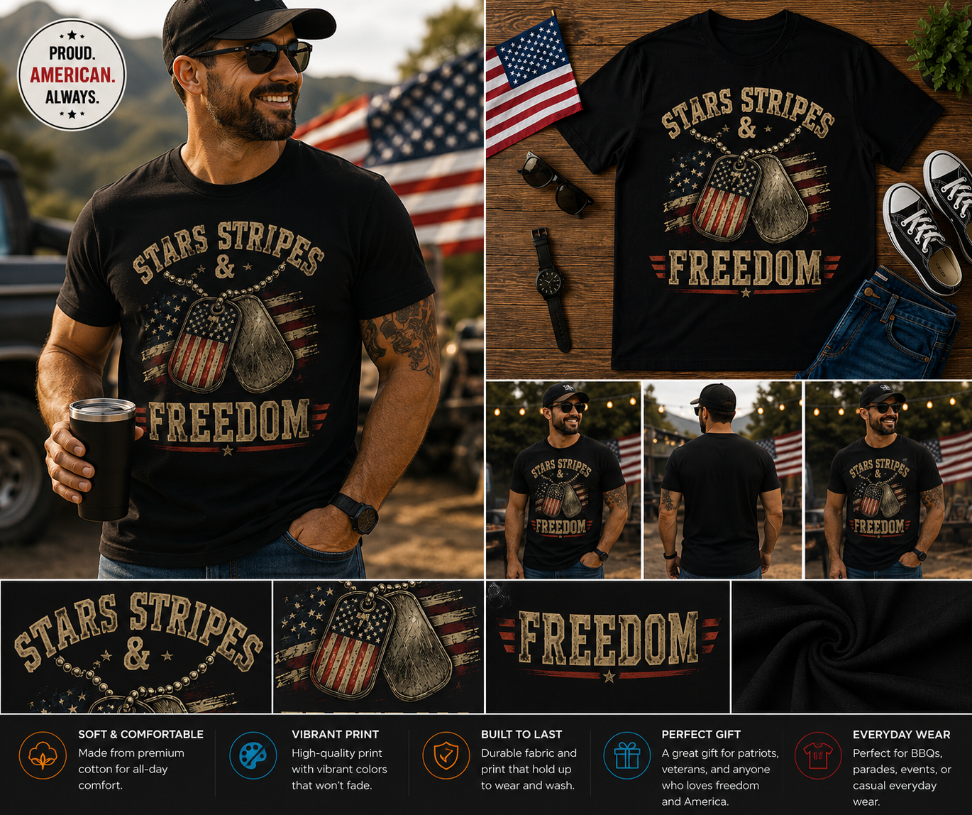 Stars Stripes & Freedom Patriotic Dog Tags T-Shirt – Vintage American Pride Graphic Tee