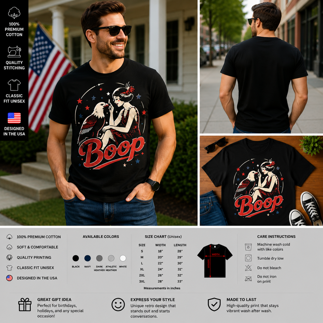Boop Vintage Girl and Eagle Funny Patriotic Retro Art T-Shirt