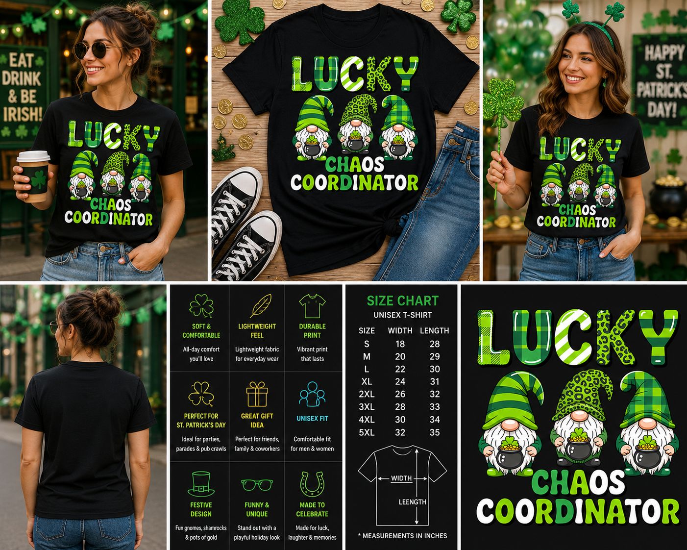 Lucky Chaos Coordinator St. Patrick’s Day Shirt – Funny Irish Gnome Shamrock Graphic Tee for Women