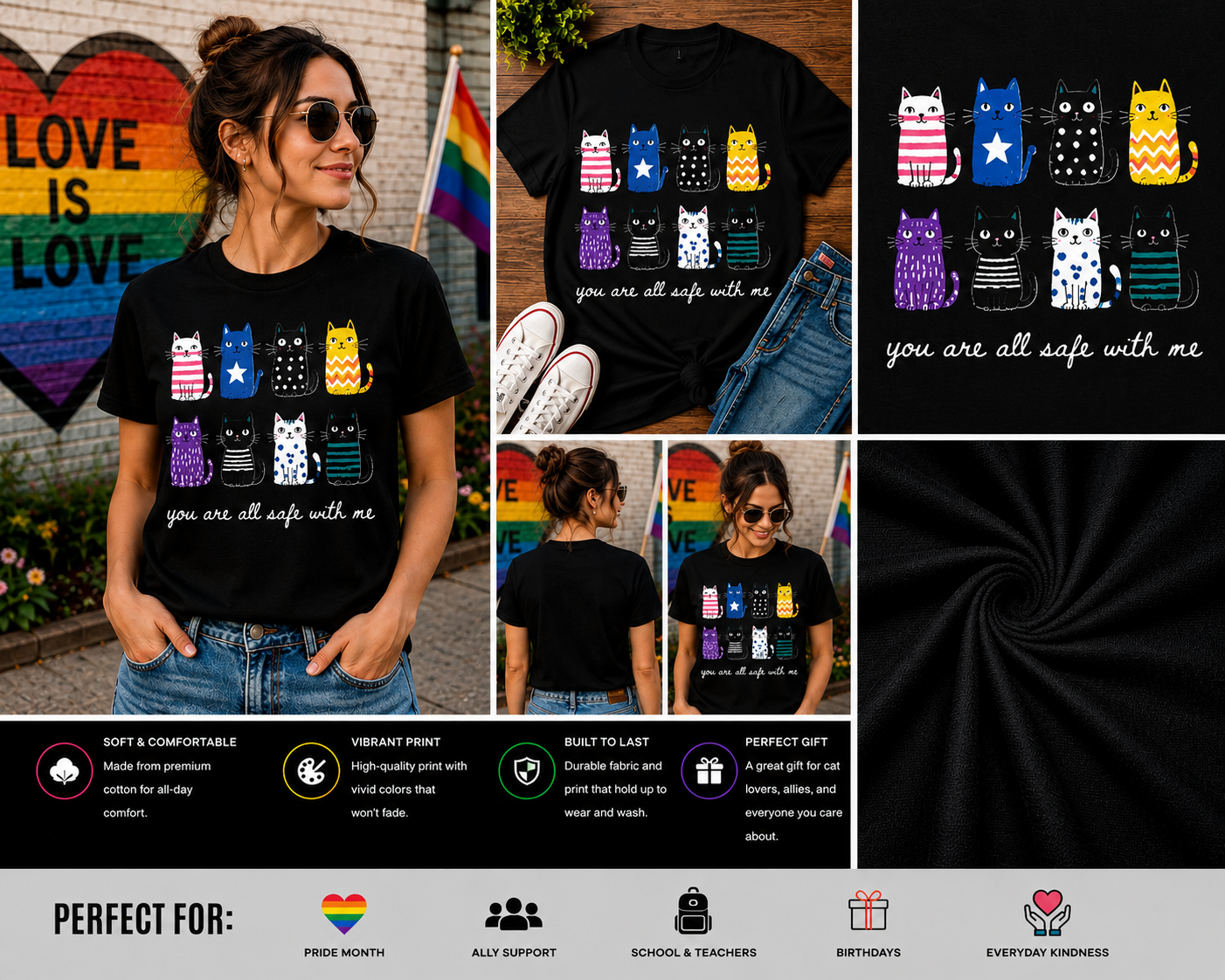 You Are All Safe With Me Cute Colorful Cats T-Shirt – Inclusive Cat Lover Graphic Tee, LGBTQ Ally Pride Shirt, Funny Cat Illustration Gift