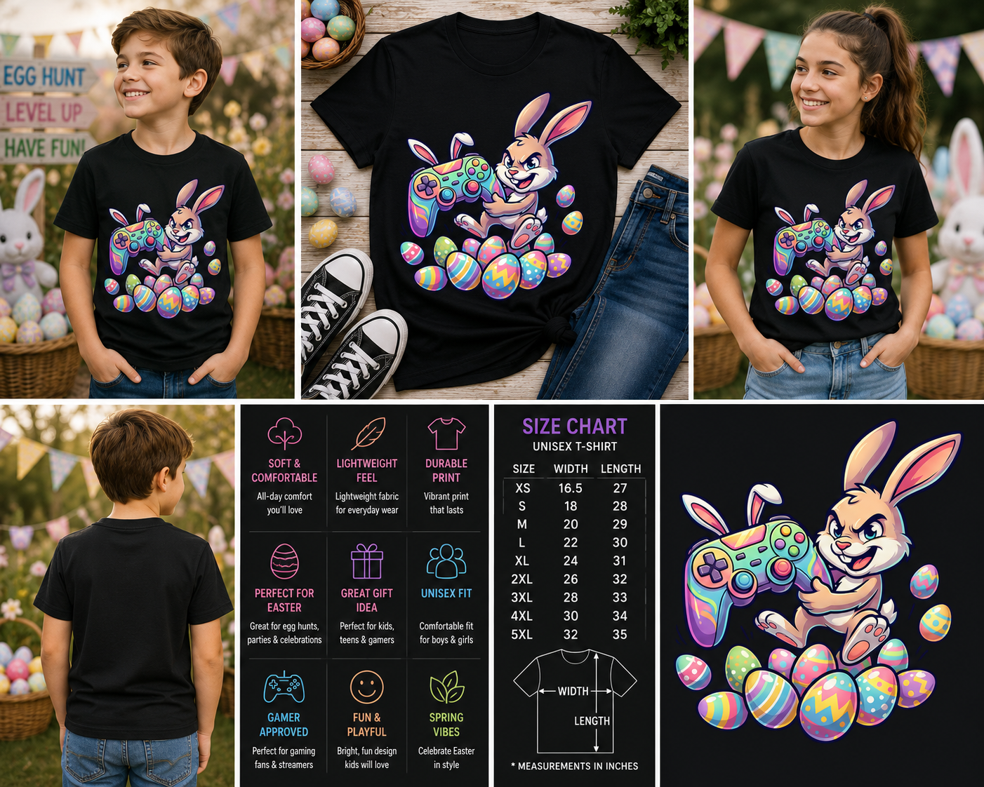 Gaming Easter Bunny T-Shirt – Cute Gamer Rabbit with Easter Eggs Graphic Tee for Kids & Teens