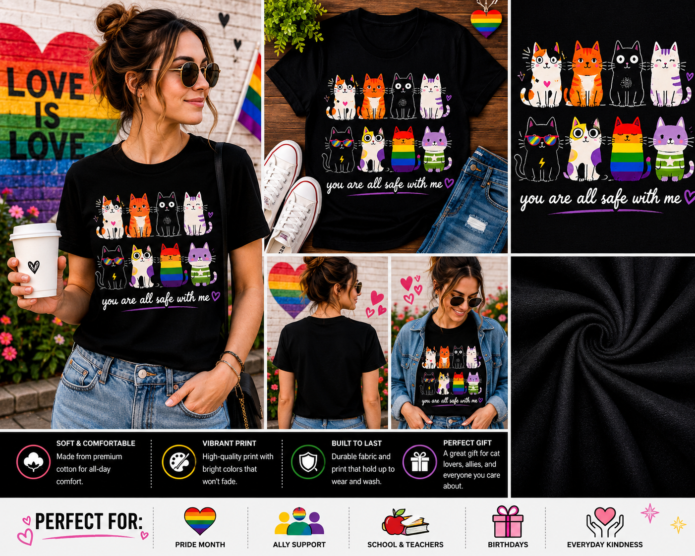 You Are All Safe With Me Cute Cats LGBTQ Pride Support T-Shirt | Inclusive Cat Lover Gift Tee