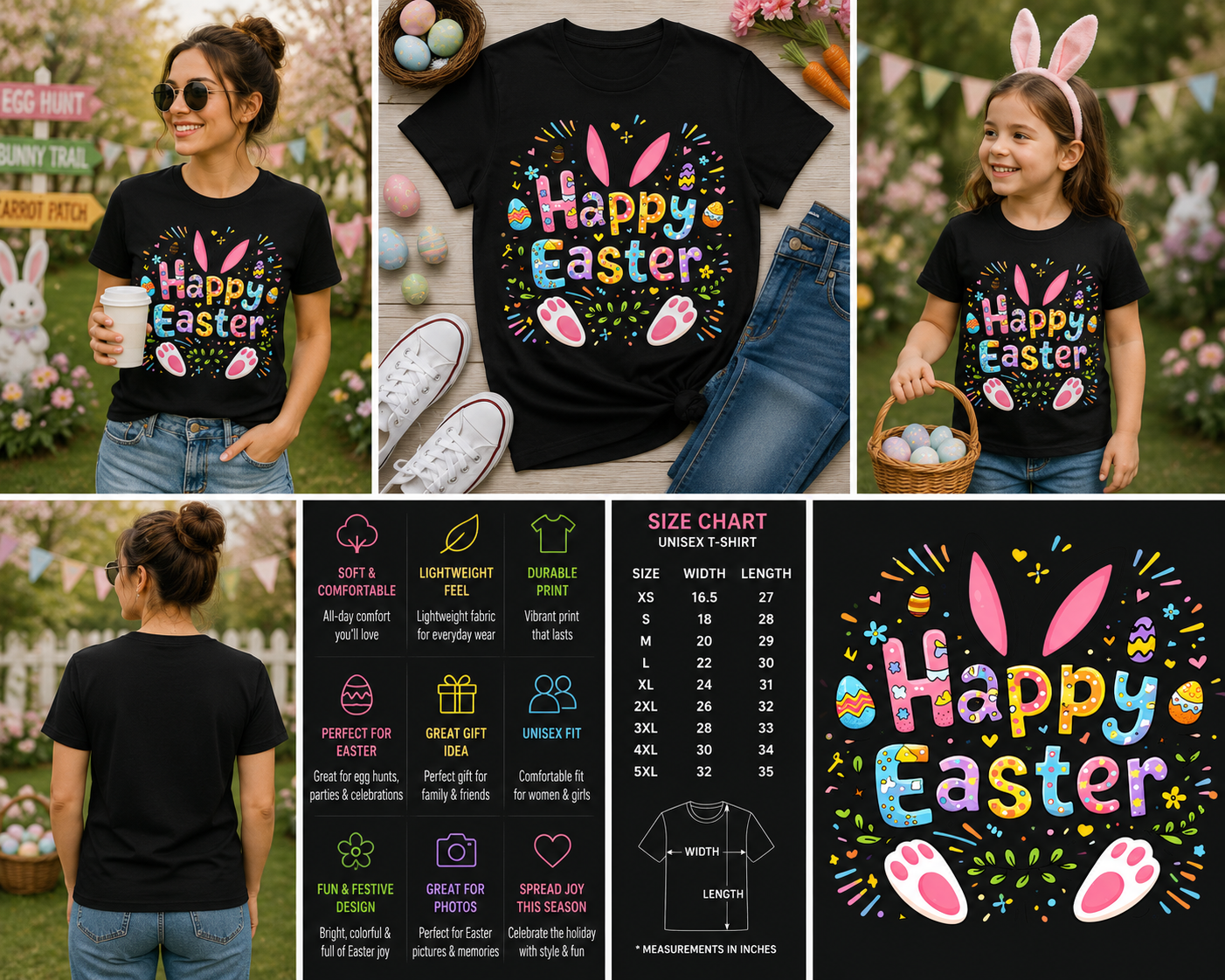 Happy Easter Bunny T-Shirt – Cute Spring Easter Egg Graphic Tee for Women & Girls