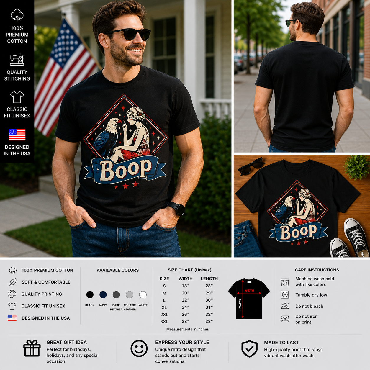 Boop Retro Eagle Pin-Up Patriotic Vintage Graphic T-Shirt