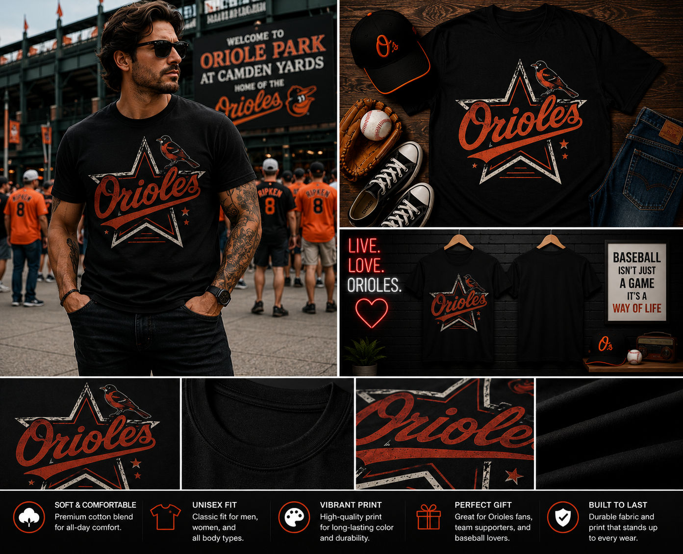 Vintage Orioles Star Bird Graphic T-Shirt – Retro Baltimore Baseball Fan Unisex Tee