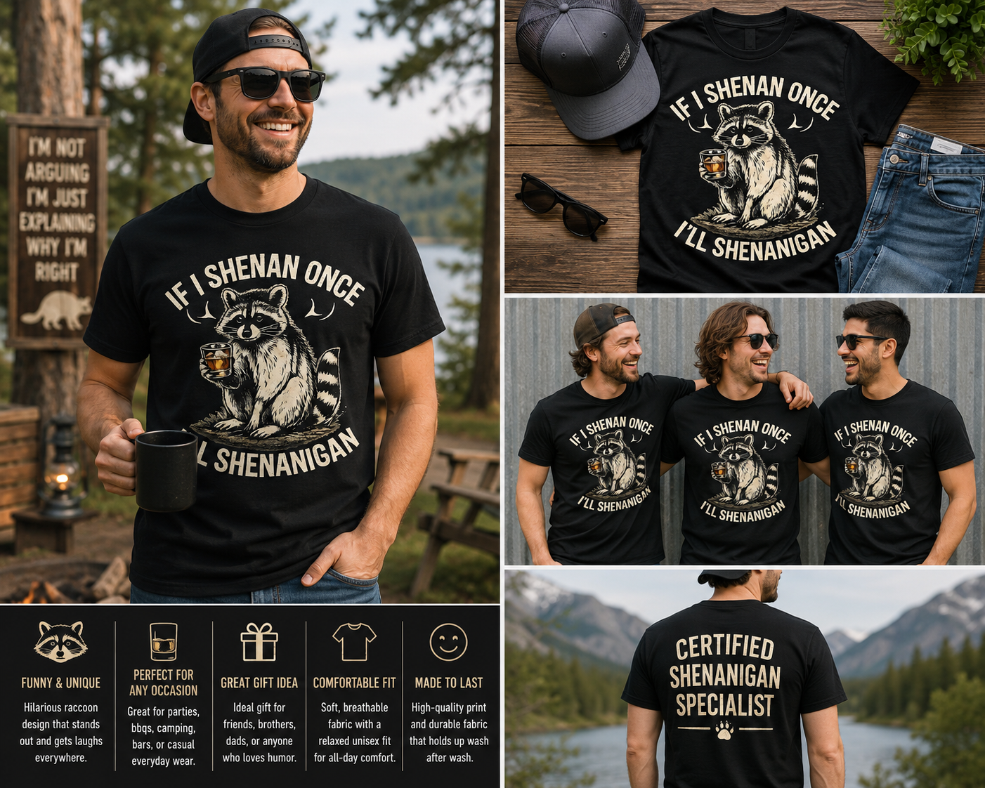 Funny Raccoon Shenanigan Shirt, If I Shenan Once I’ll Shenanigan Tee, Raccoon Whiskey Graphic T-Shirt, Sarcastic Animal Humor Gift