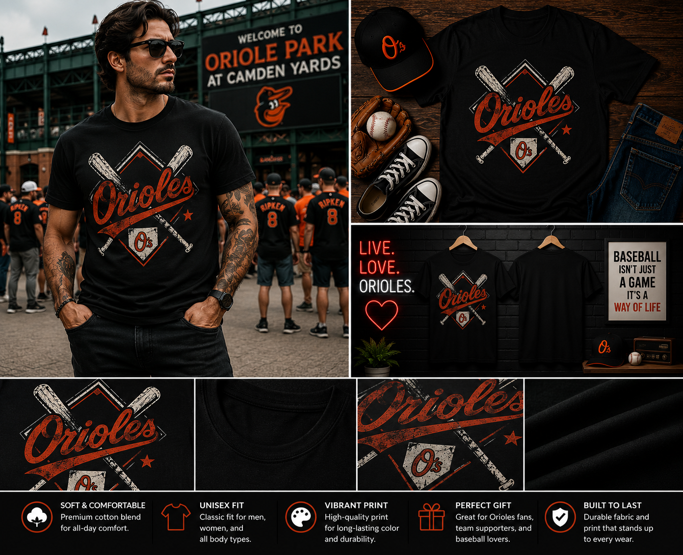 Vintage Orioles Baseball Crossed Bats Shirt – Retro Baltimore Baseball Fan Graphic Tee for Men Women Kids