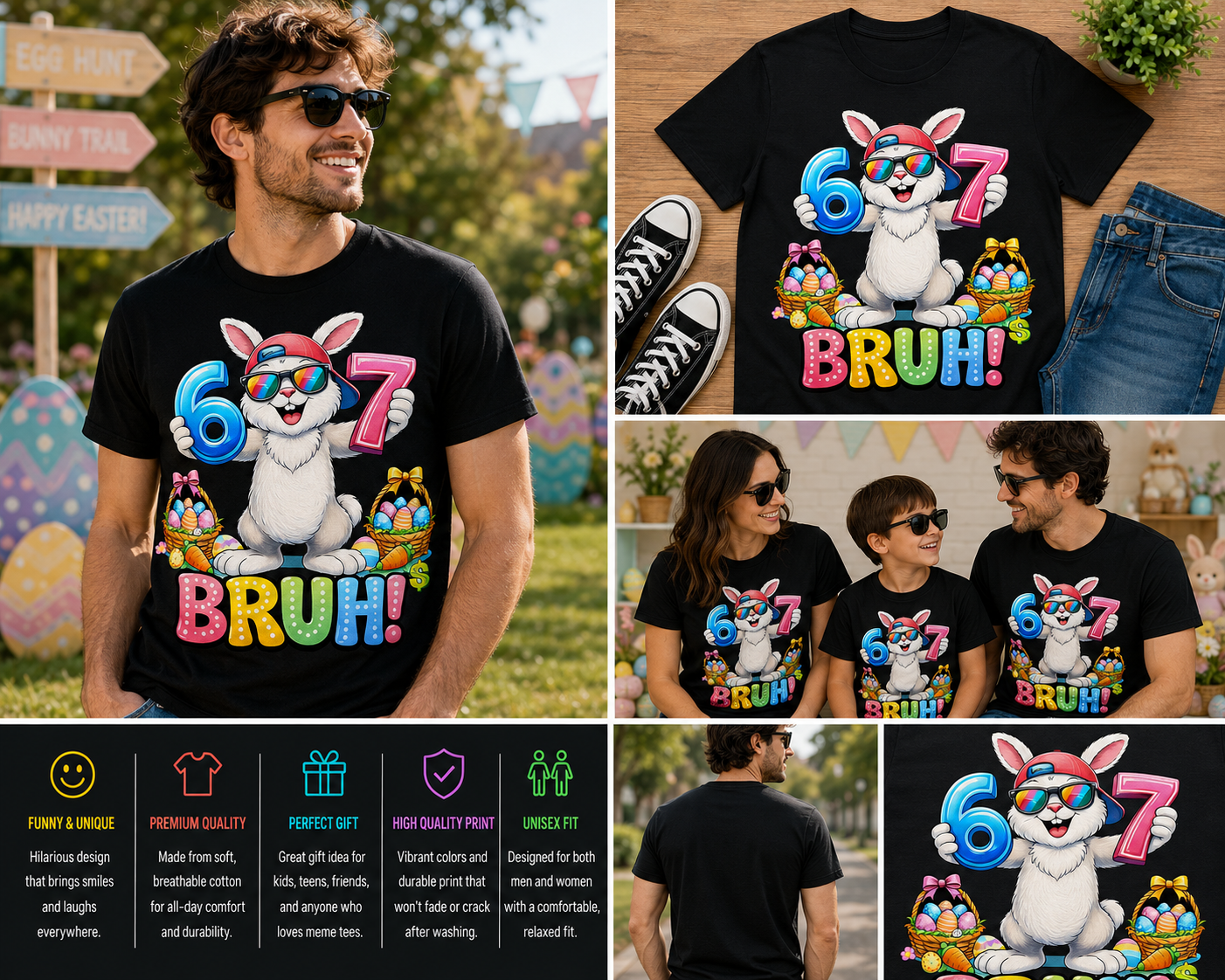 6 7 BRUH Bunny Graphic T-Shirt – Funny Colorful Easter Meme Tee for Kids & Teens