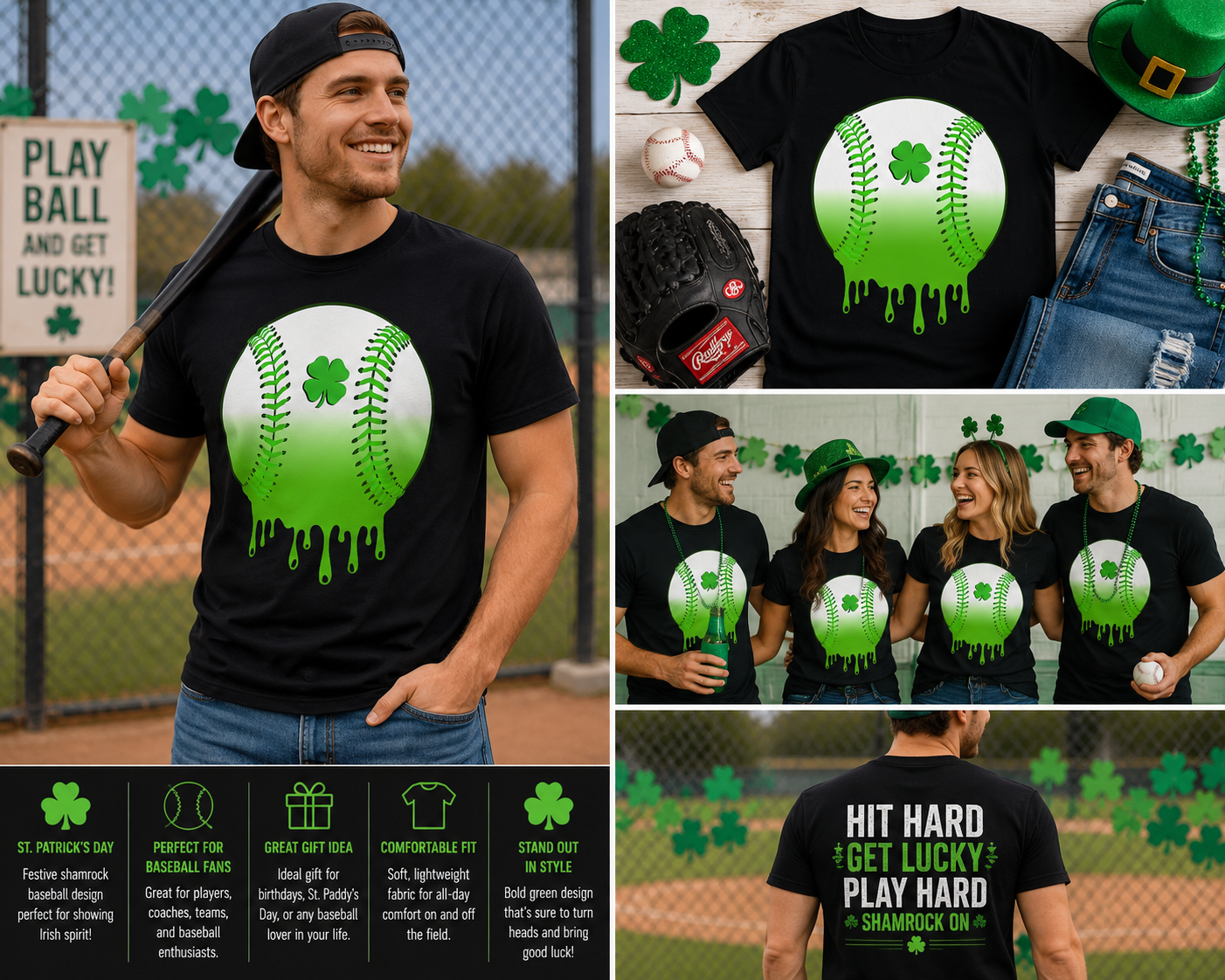 St Patrick’s Day Baseball Shirt, Shamrock Baseball Graphic Tee, Irish Softball T-Shirt, Lucky Baseball Fan Shirt for Men Women Kids