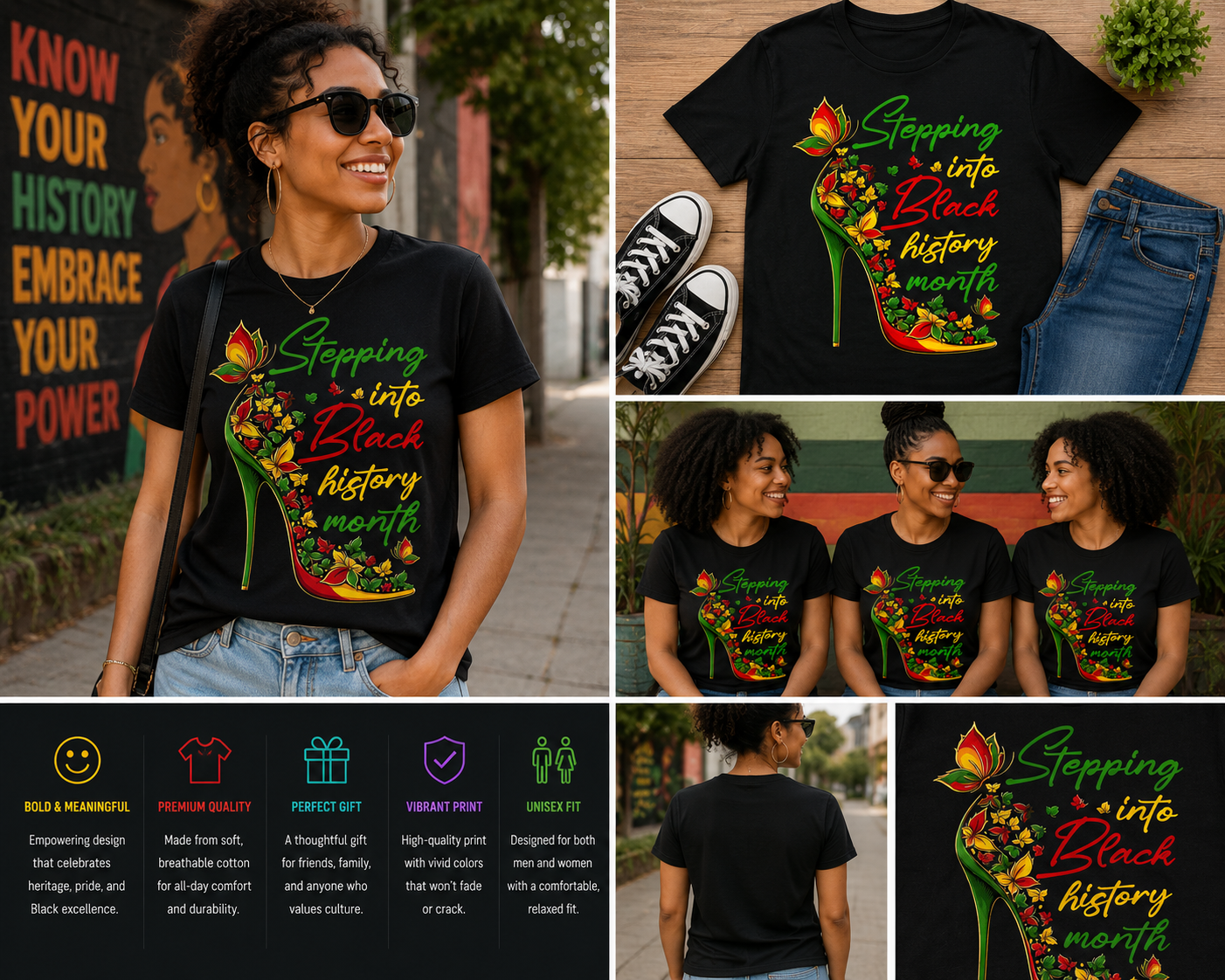 Stepping Into Black History Month Floral High Heel T-Shirt – Empowering Cultural Celebration Tee
