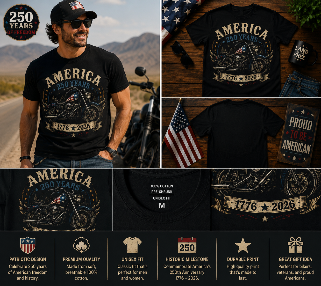 America 250 Years Patriotic Motorcycle T-Shirt – Vintage USA 1776–2026 Anniversary Biker Graphic Tee