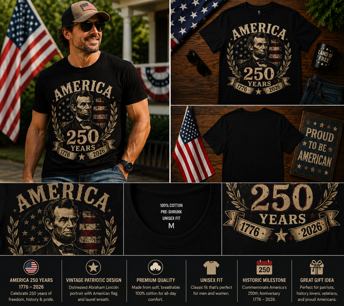 America 250 Years Abraham Lincoln Patriotic T-Shirt – Vintage USA 1776–2026 Anniversary Independence Day Graphic Tee