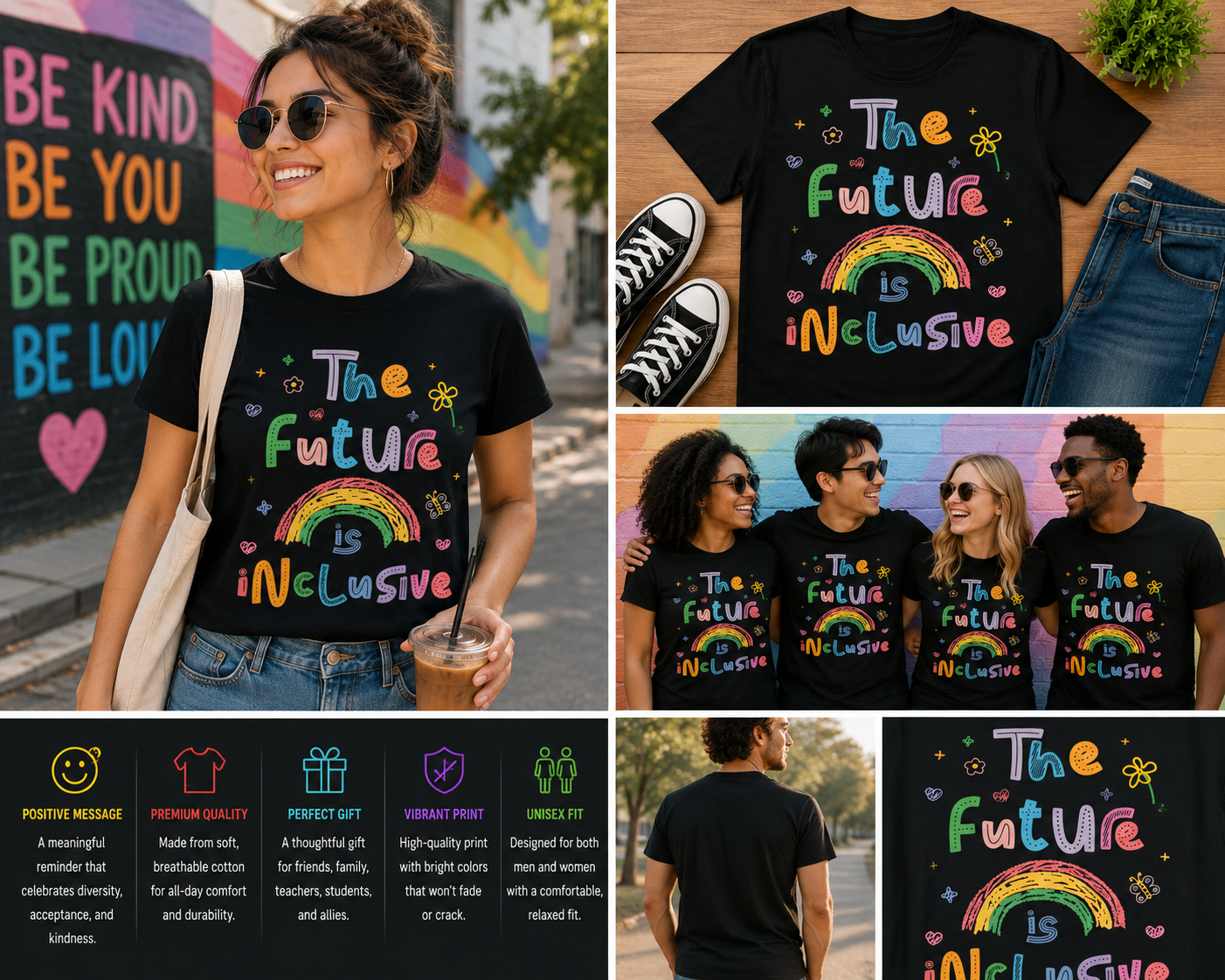 The Future Is Inclusive Rainbow Quote T-Shirt – Colorful Inspirational Pride Graphic Tee
