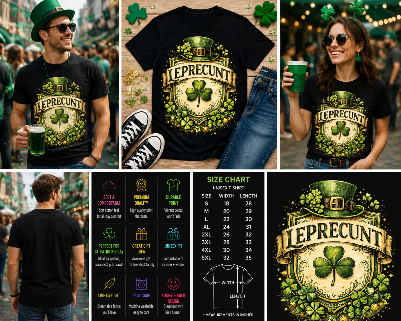 Leprecunt Funny St. Patrick’s Day Shamrock Graphic T-Shirt