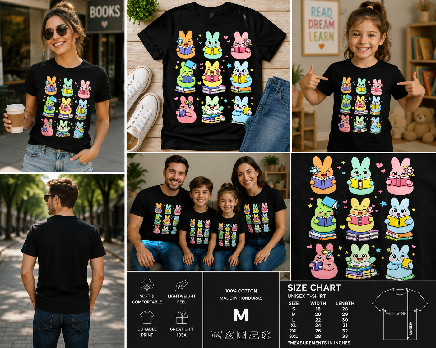 Cute Bunny Reading Books Easter T-Shirt – Kawaii Librarian & Book Lover Graphic Tee