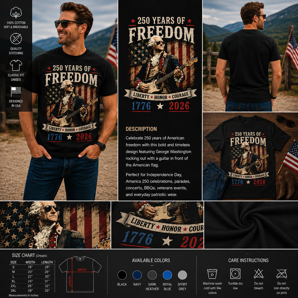 250 Years of Freedom George Washington Guitar T-Shirt – Patriotic 4th of July Vintage Tee