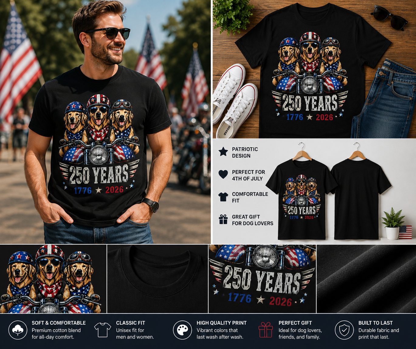 Golden Retriever Biker USA 250 Years 1776–2026 Patriotic 4th of July T-Shirt