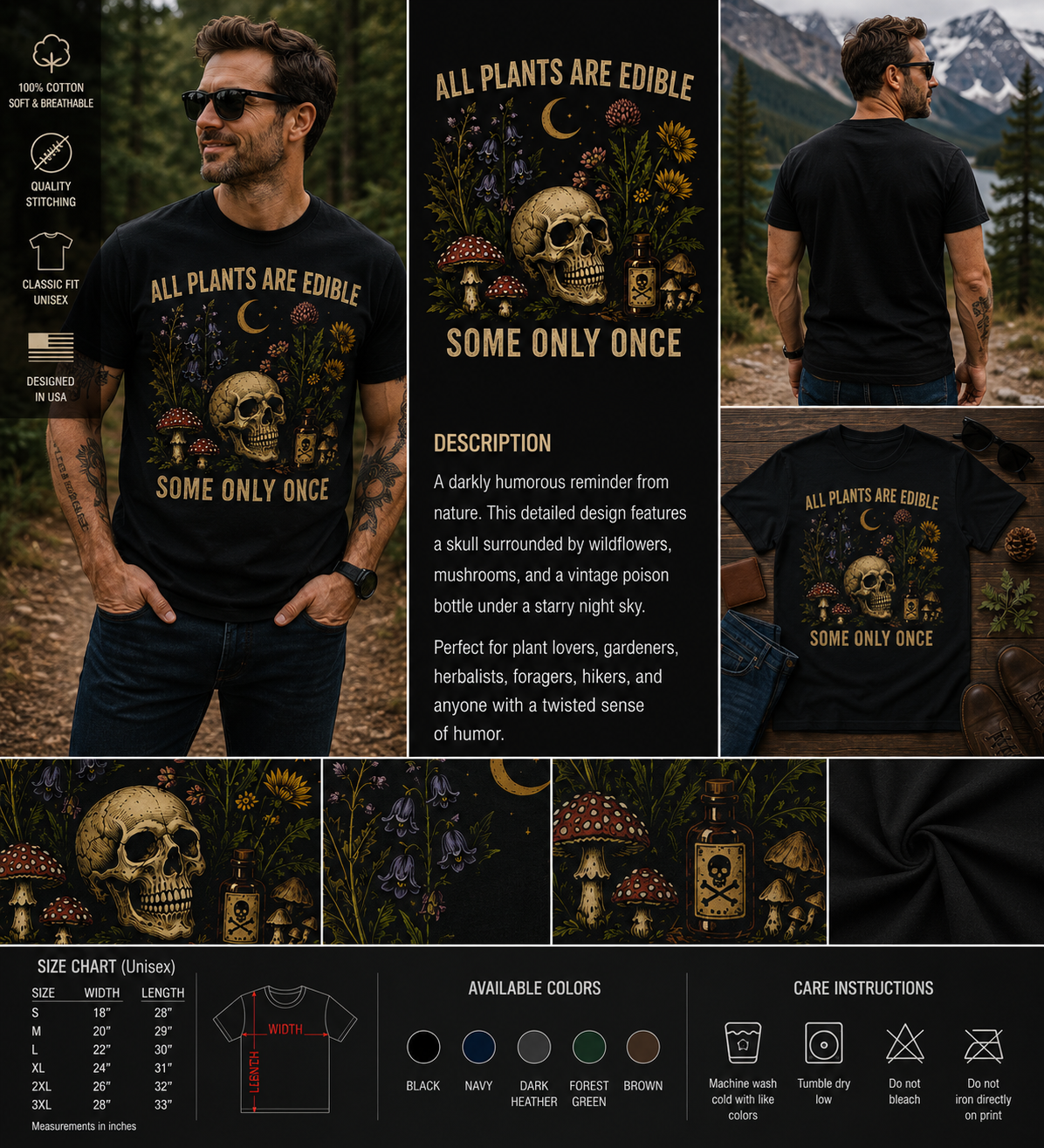 All Plants Are Edible Some Only Once Vintage Skull Mushroom T-Shirt – Funny Dark Botanical Graphic Tee