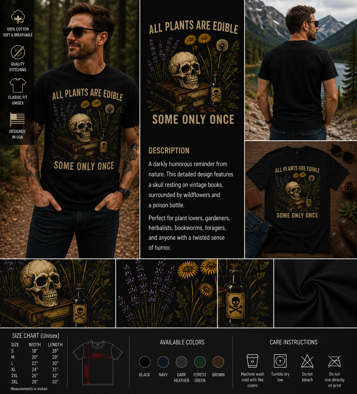 All Plants Are Edible Some Only Once Funny Gothic Botanical T-Shirt – Vintage Skull Nature Graphic Tee