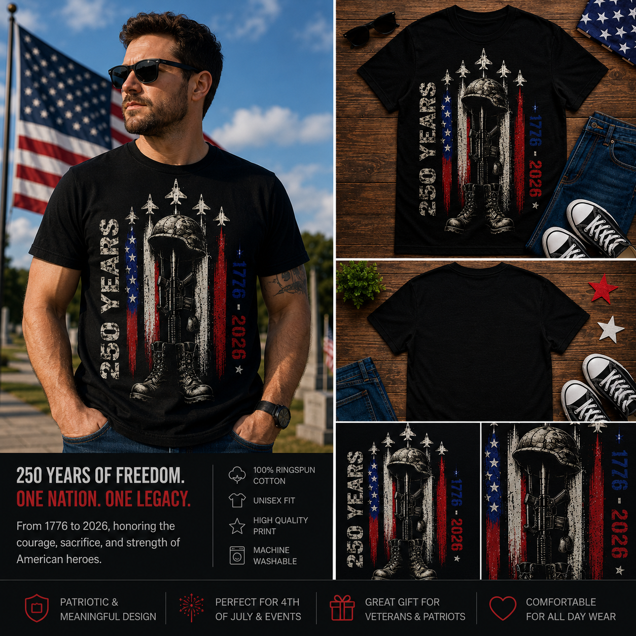 250 Years of American Valor Veteran Patriotic 1776–2026 Independence Day T-Shirt