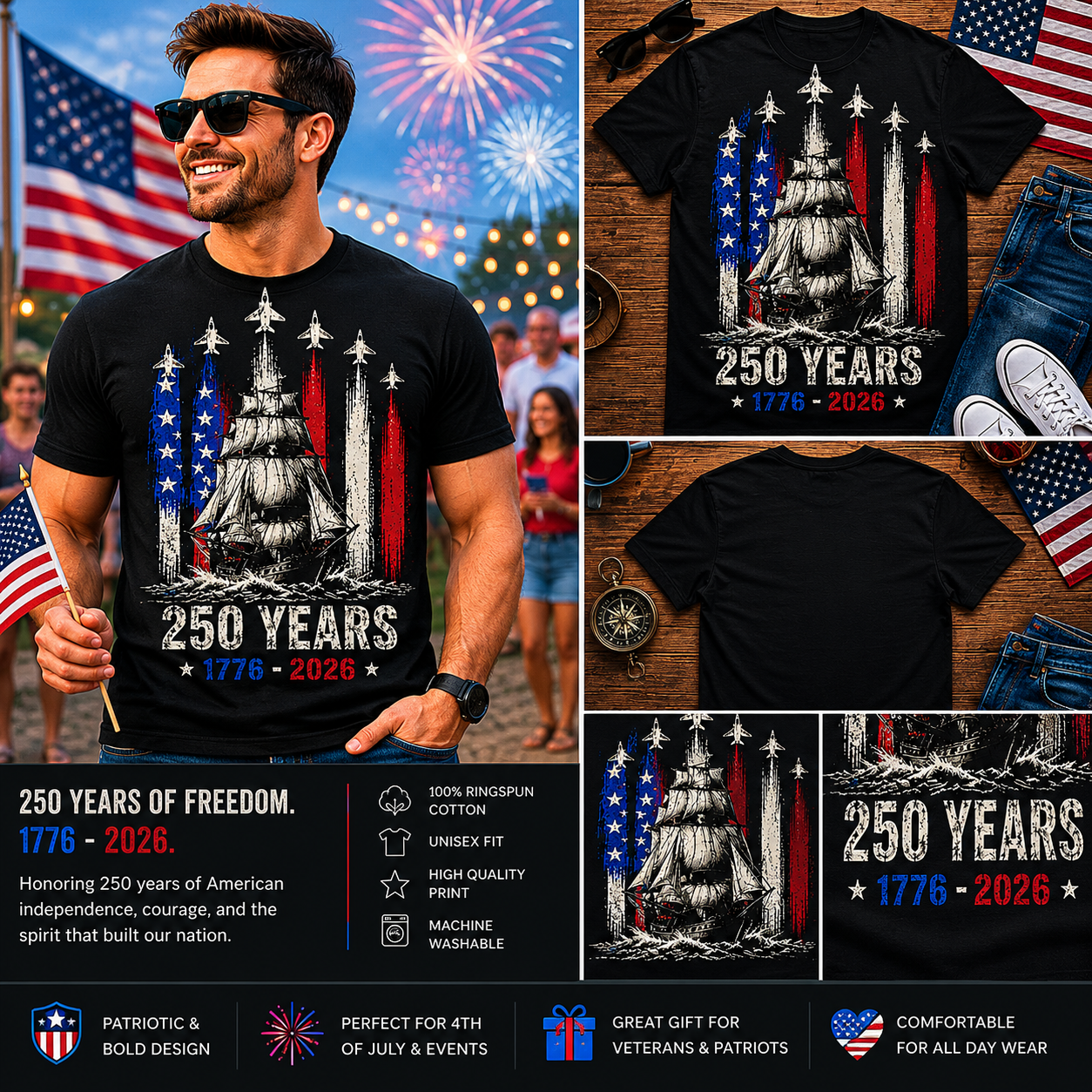 250 Years of American Independence Patriotic Ship 1776–2026 Anniversary T-Shirt