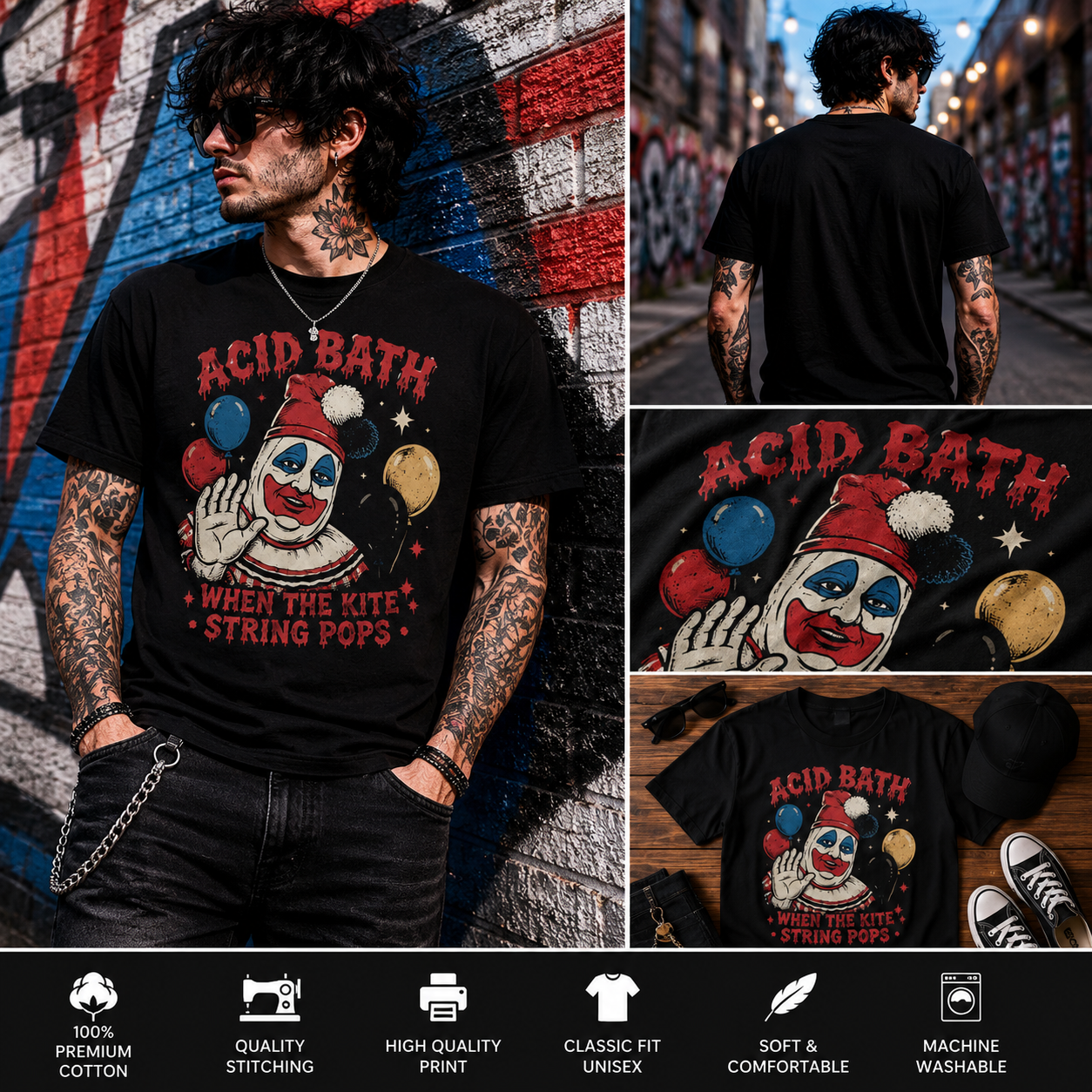Acid Bath “When The Kite String Pops” Vintage Clown Graphic T-Shirt – Gothic Sludge Metal Band Tee