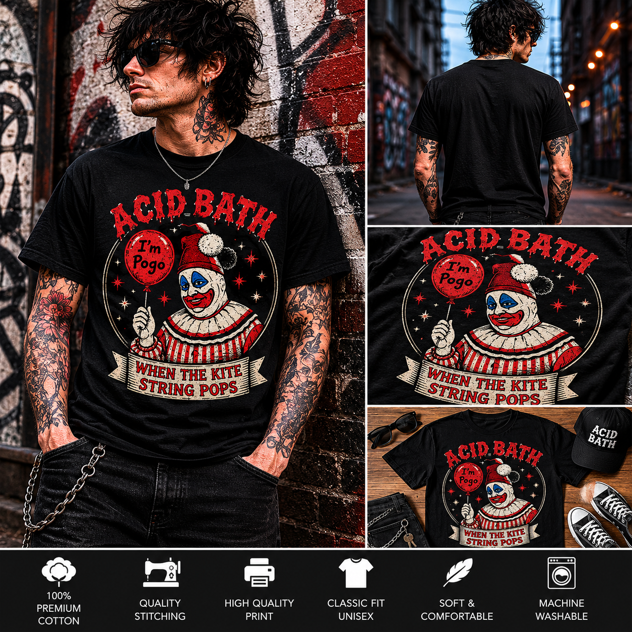 Acid Bath “I’m Pogo” Vintage Horror Clown Graphic T-Shirt – When The Kite String Pops Gothic Metal Tee