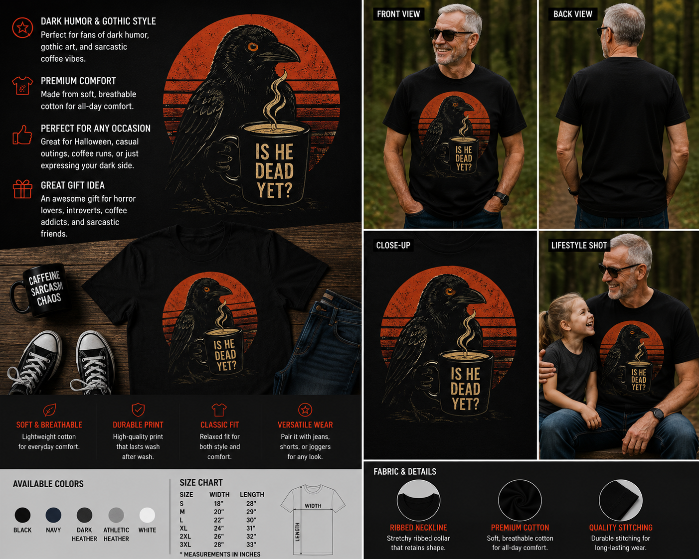 Is He Dead Yet? Funny Raven Coffee Gothic Retro Halloween T-Shirt