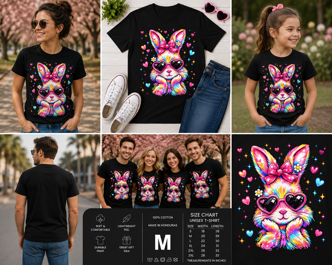 Cute Coquette Tie Dye Easter Bunny Sunglasses Graphic T-Shirt