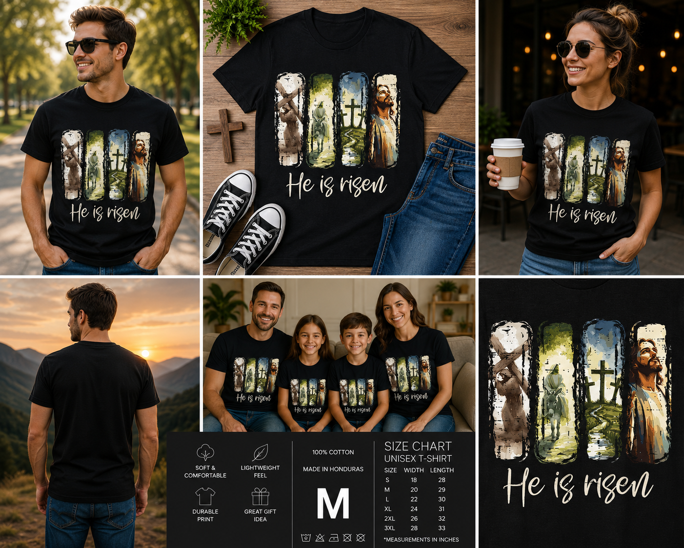 He Is Risen Jesus 4 Scenes Christian Easter T-Shirt for Men Women Kids