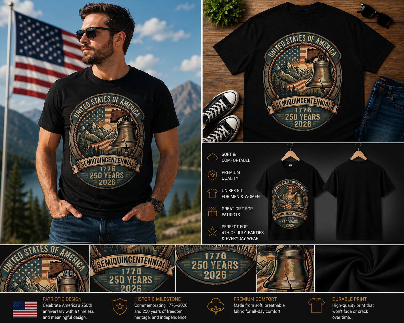 United States of America Semiquincentennial Shirt – 250 Years Anniversary 1776–2026 Liberty Bell Patriotic T-Shirt